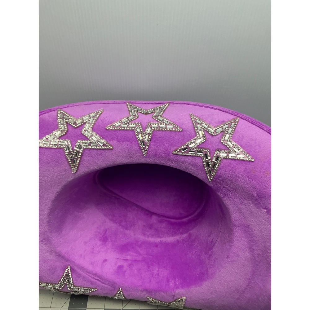 Purple Fuzzy Velvet Cowboy Hat Rhinestone Heart Star Embellished Western Glam - Picture 6 of 7